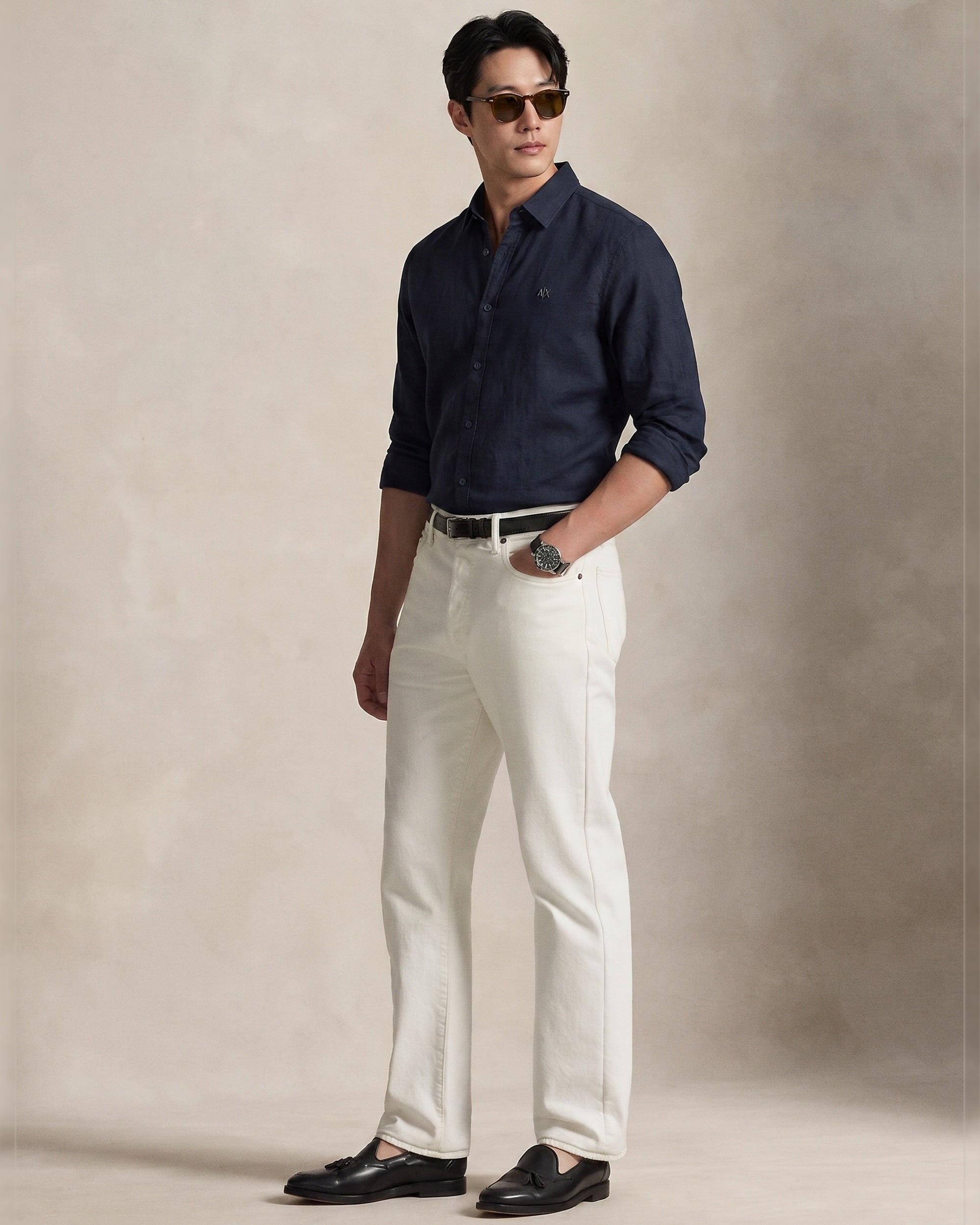 Armani Exchange men's navy textured shirt full-length styling